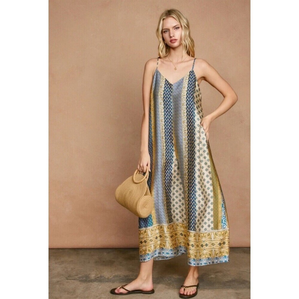 Wide Leg Satin Boho Patchwork Palazzo Jumpsuit S Hippie Festival Gypsy Summer